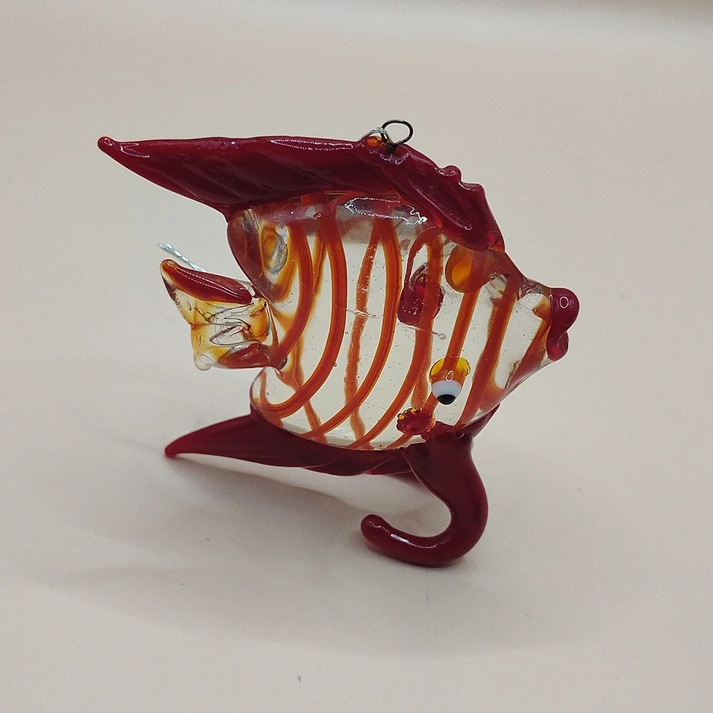 Vintage Handcrafted Blown Glass Red Tropical Striped Fish Ornament W/ Metal Hook